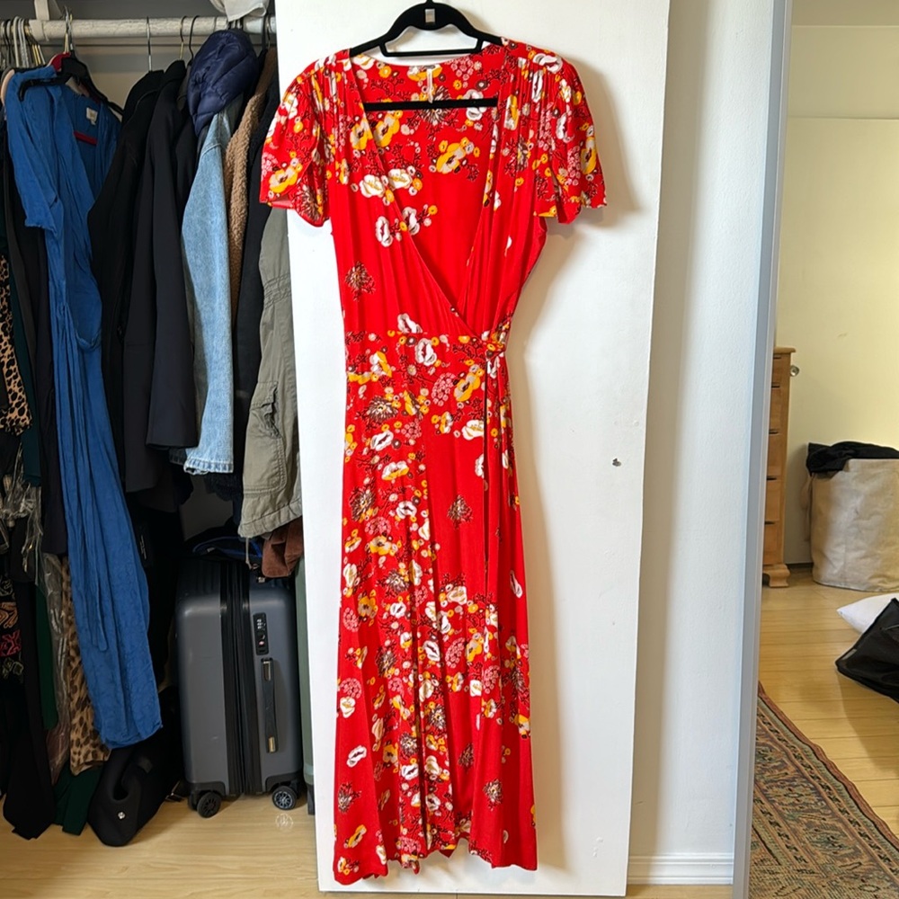 Free People Red Floral Midi Wrap Dress